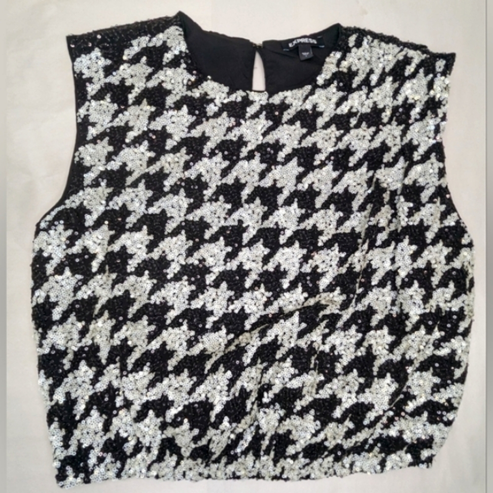Express Women's Blouse Houndstooth Sequins Ruched cropped size small V-1